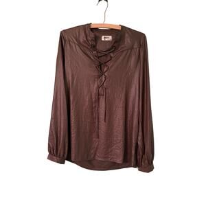 NIGHTCAP By Carisa Rene Size 1 Brown French Polyester Long Sleeve Lace Up Top